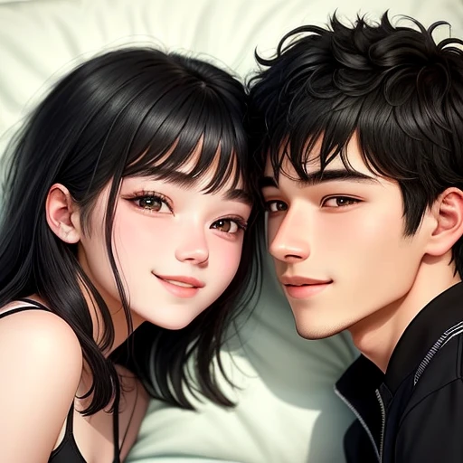 Couple kissing scene on bed.
20-year-old boy and 18-year-old girl, Detailed face, Detailed eyes, double eyelid, cute, sunny, warm, smile, Handsome-cool-warm-boy with black hair and hot-seductive-sexy-cute-beautiful-girl with black hair and blushing face. Intimate vibes. College student