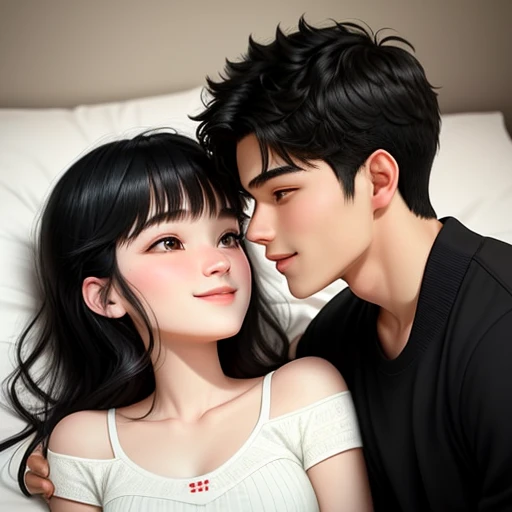 Couple kissing scene on bed. 
20-year-old boy and 18-year-old girl, Detailed face, Detailed eyes, double eyelid, cute, sunny, warm, smile, Handsome-cool-warm-boy with black hair and hot-seductive-sexy-cute-beautiful-girl with black hair and blushing face. Intimate vibes. College student