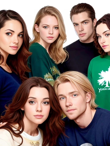 a group perfect beautiful women and men and light eyes and sweatshirt, irish gathered. focus on the characters' faces, with color