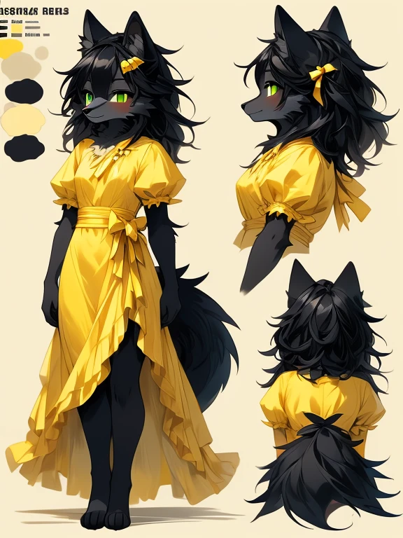 ( Absurdly , High quality , ultra detailed ) ,( hand detailed ) , 1girl, solo, young (concept art, character sheet) (wolf fox) (-yeld (fle black wolf), (bright green eyes), ((black fur, extremely long black hair))) ((wolf girl yellow dress)) Fluffy anthropomorphic wolf fox, Fluffy wolf, wolf tail, Body fur, (detailed eyes) black wolf, yellow cute dress with ribbon, pure black fur, yellow dress, blue ribbon, short nose, short snout, cute face (concept art, character sheet) young girl kemono, knee length hair, adorable, cute shy posture