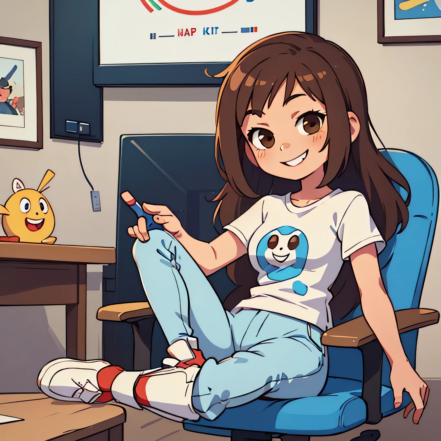 cartoon girl, smiley face, brown eyes, long slightly wavy brown tangled hair, white t-shirt, blue pants, white shoes, holding a joystick, sitting in a gaming chair