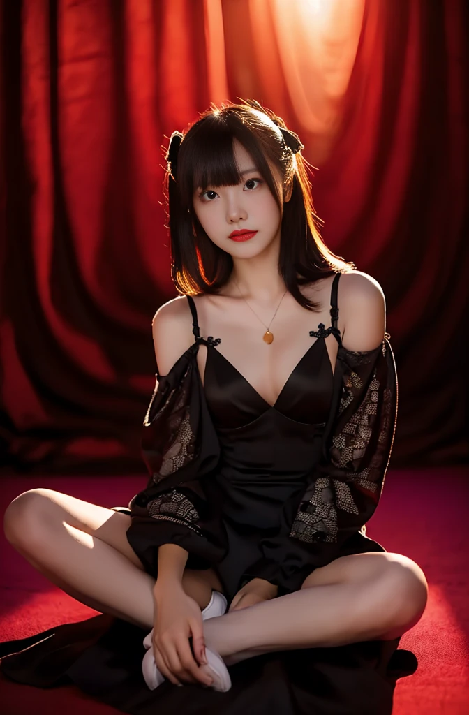 8k, RAW Photos, Realistic, (Detailed skin, highest quality:1.2), Seductive Succubus, (Black wings), With black angel wings、Japanese  girl flying high in the evening sky, ((Black evening dress, Black lace dress)), (((Flat Chest:1.4))), (Light blonde hair, Long Straight Hair), (Beautiful face, Pale skin), Full Body Shot, A translucent black cloth is wrapped around the body., Thighs, Sunset sky high, Sunset Light