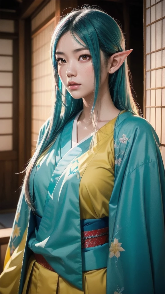 RAW, Realism, hyperrealism, ray tracing, high details, super detail, UHD, 8k, professional photograph, movie photograph, medium shot, Female elf, twenty years old, night, athletic body, soft facial features, long hair, straight hair, (((pacific cyan hair))), (((red eyes faded to yellow))), japanese female uniform, traditional japanese village
