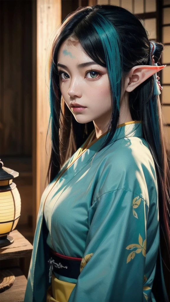 RAW, Realism, hyperrealism, ray tracing, high details, super detail, UHD, 8k, professional photograph, movie photograph, medium shot, Female elf, twenty years old, night, athletic body, soft facial features, long hair, straight hair, (((pacific cyan hair))), (((red eyes faded to yellow))), japanese female uniform, traditional japanese village
