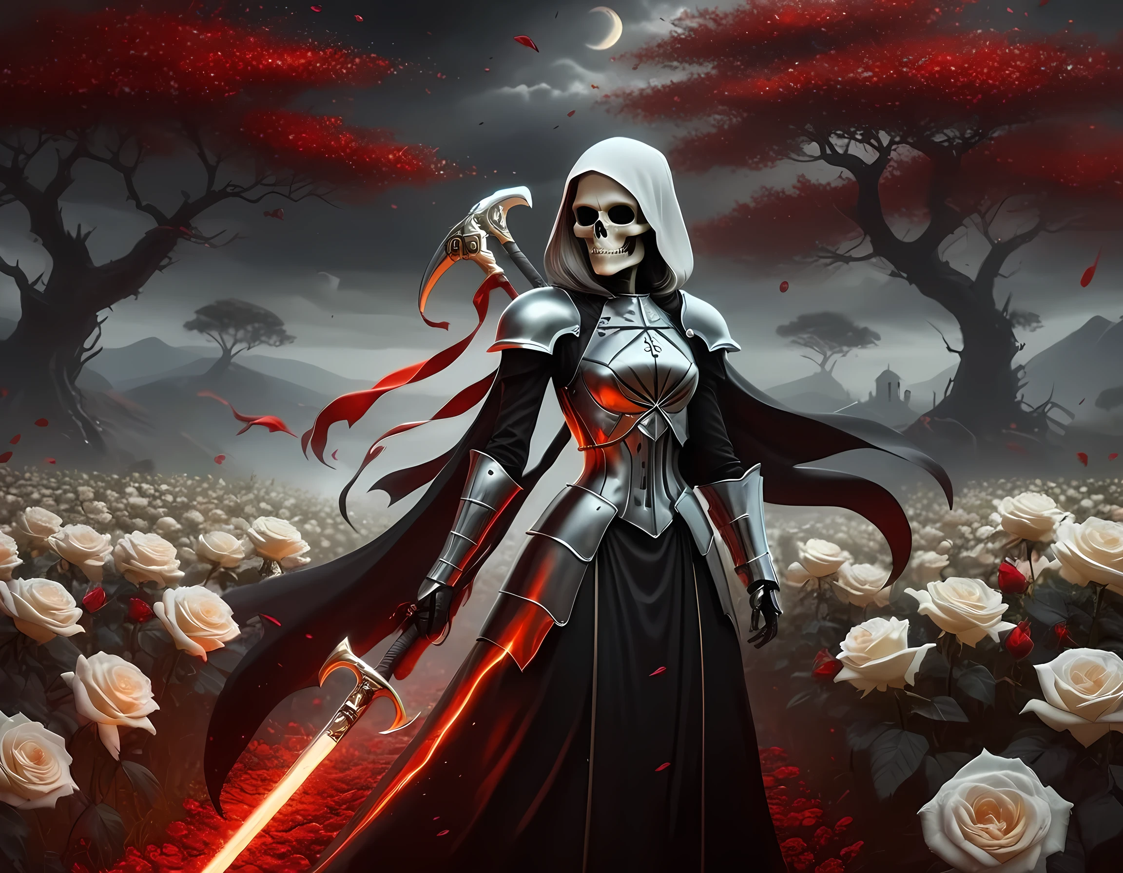 dark fantasy art, a female skeletal grim reaper in a field of white roses, the reaper has (skeletal head: 1.3) , long (white: 1.2) hair , red glowing eyes, she wears black robes, and black armor dress, ArmoredDress, flowing robes, she holds a scythe, in her arms, the scythe is dripping blood, a field of white roses background (best details, Masterpiece, best quality: 1.4), dynamic range, ultra wide shot, photorealism, depth of field, hyper realistic, RagingNebula