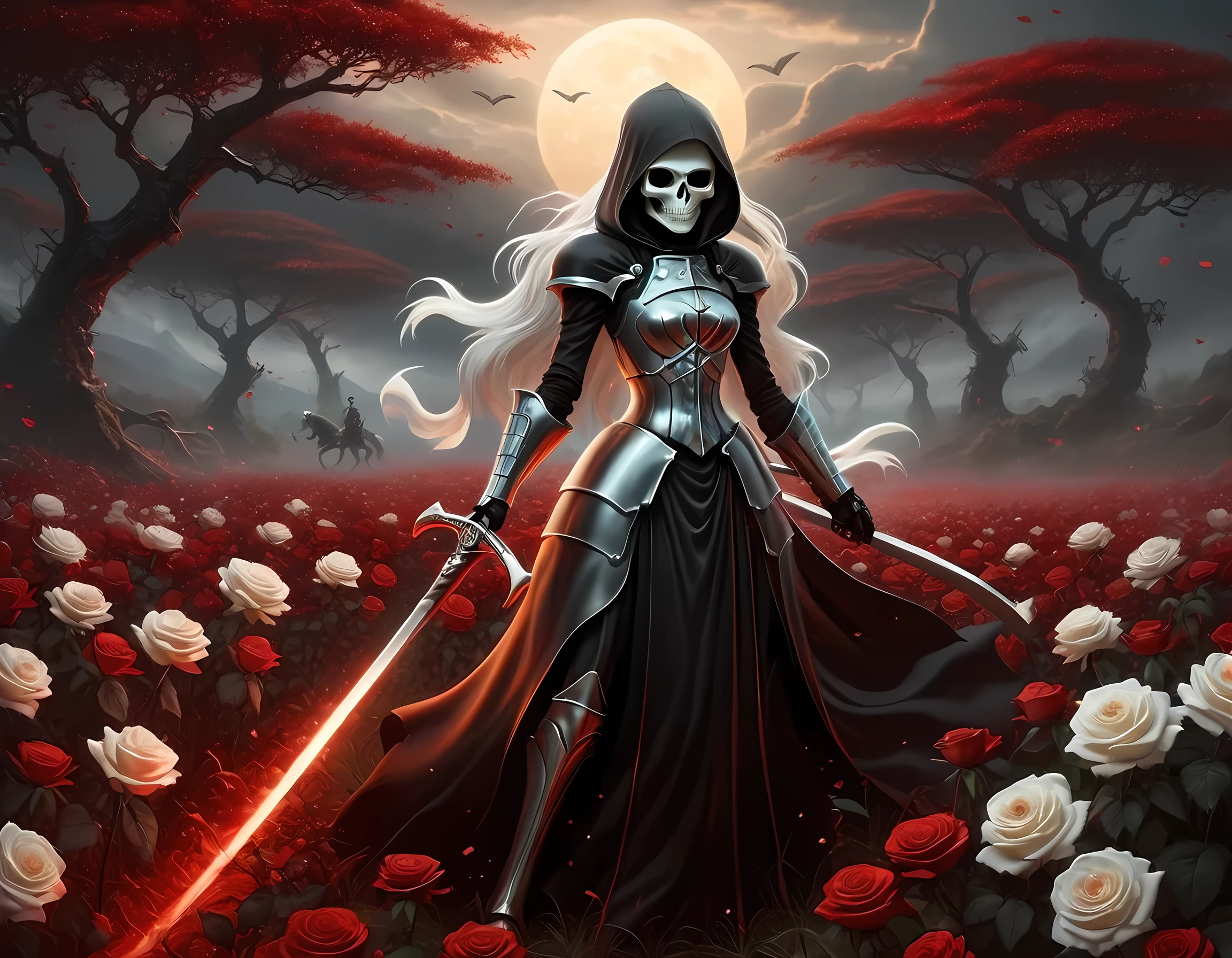 dark fantasy art, a female skeletal grim reaper in a field of white roses, the reaper has (skeletal head: 1.3) , long (white: 1.2) hair , red glowing eyes, she wears black robes, and black armor dress, ArmoredDress, flowing robes, she holds a scythe, in her arms, the scythe is dripping blood, a field of white roses background (best details, Masterpiece, best quality: 1.4), dynamic range, ultra wide shot, photorealism, depth of field, hyper realistic, RagingNebula