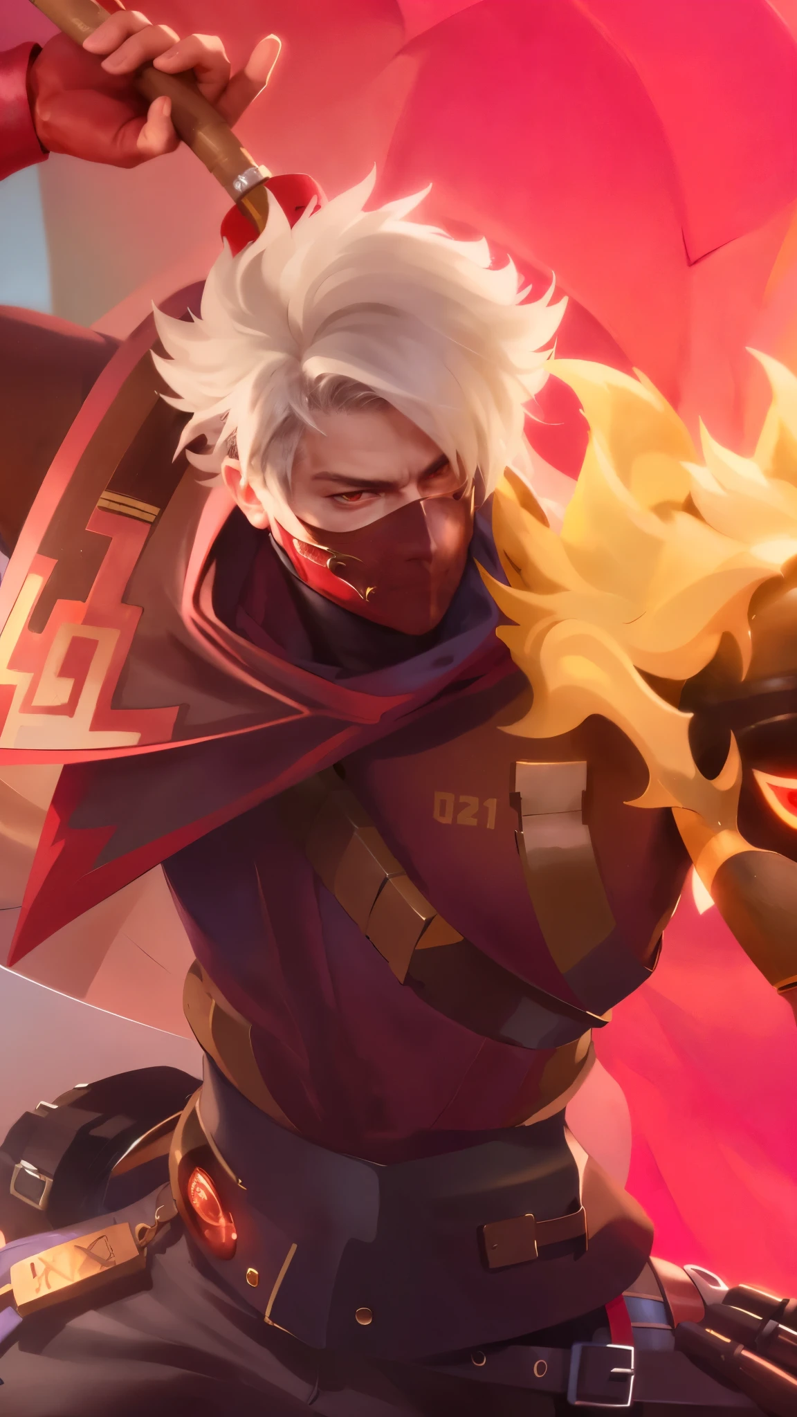 a close up of a guy with a steampunk mask on, Best quality, masterpiece, detailed skin texture, detailed clothes texture, detailed face, super detail, 8k, intricate detail, 1 boy, The color doesn't change, Muscle guy, 1 guy, strong red eye glow.