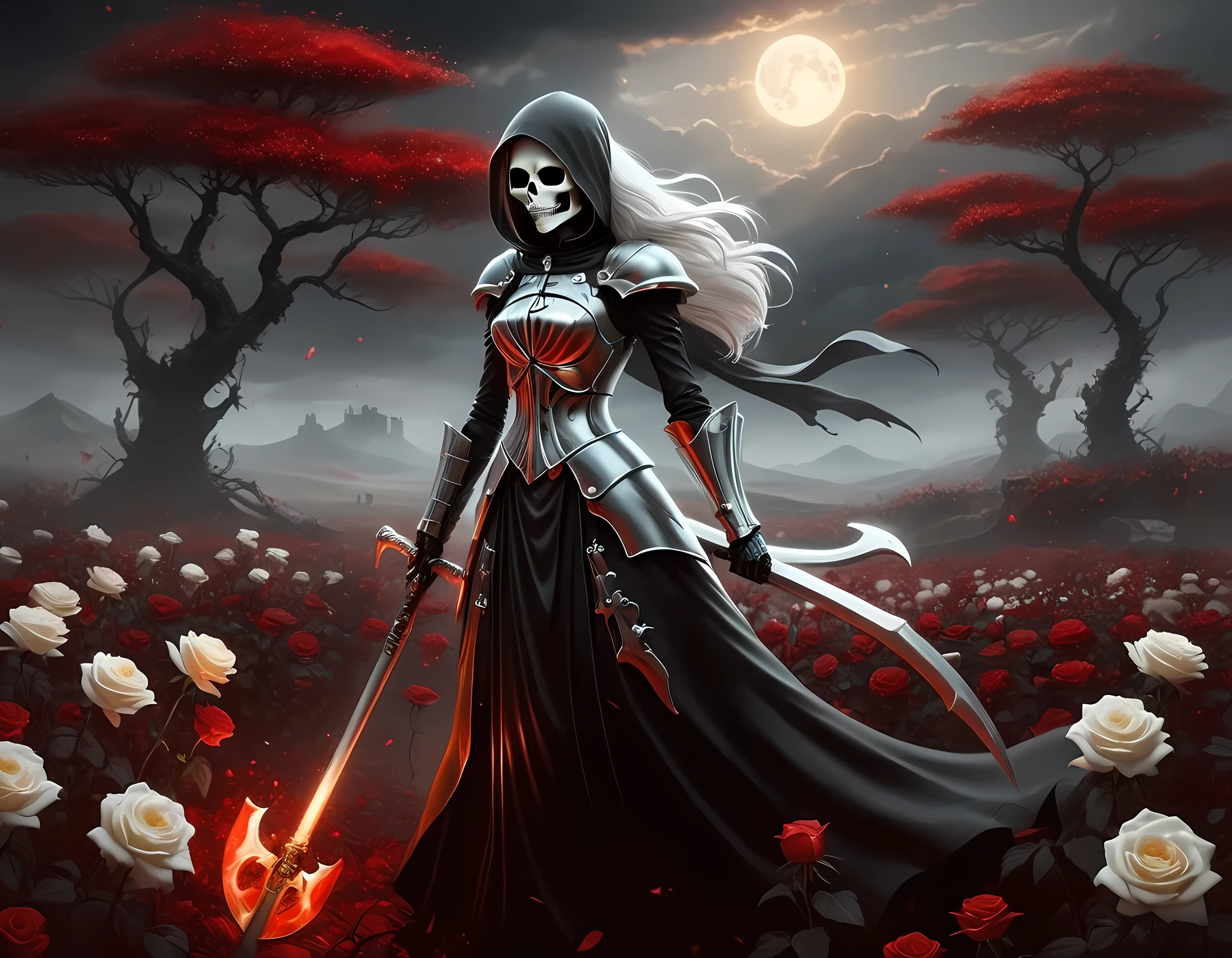 dark fantasy art, a female skeletal grim reaper in a field of white roses, the reaper has (skeletal head: 1.3) , long (white: 1.2) hair , red glowing eyes, she wears black robes, and black armor dress, ArmoredDress, flowing robes, she holds a scythe, in her arms, the scythe is dripping blood, a field of white roses background (best details, Masterpiece, best quality: 1.4), dynamic range, ultra wide shot, photorealism, depth of field, hyper realistic, RagingNebula