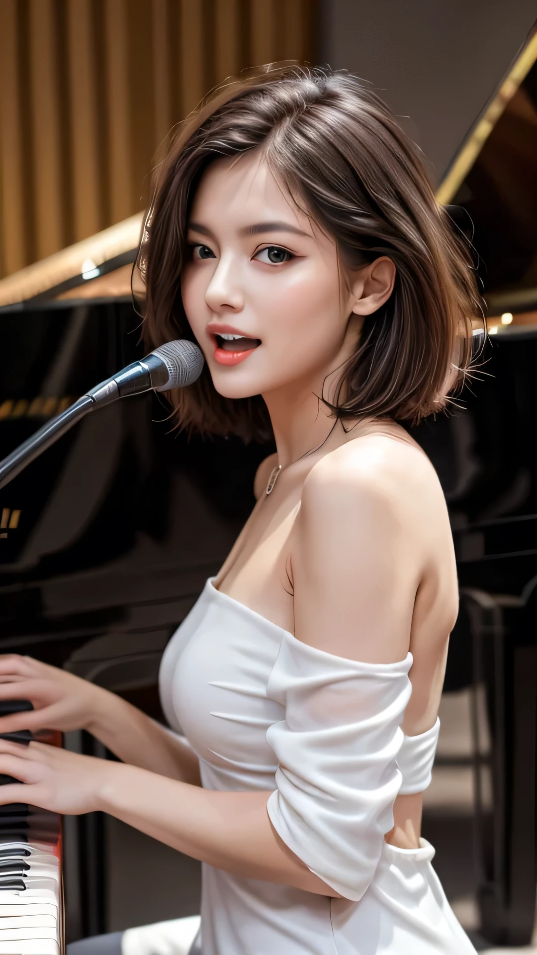 "A beautiful blonde woman with a white low-cut dress, sitting in front of a piano with her fingers on the keyboard, playing. A microphone is placed just in front of her mouth, making it look like she is singing."