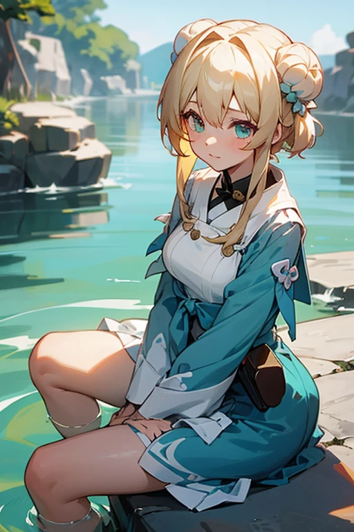 Front facing white, girl, sitting on a stone, blonde hair tied two buns,pretty, anime, beautiful green eyes, March 7th camera postion in front,wearing blue Qipao dress, water around her