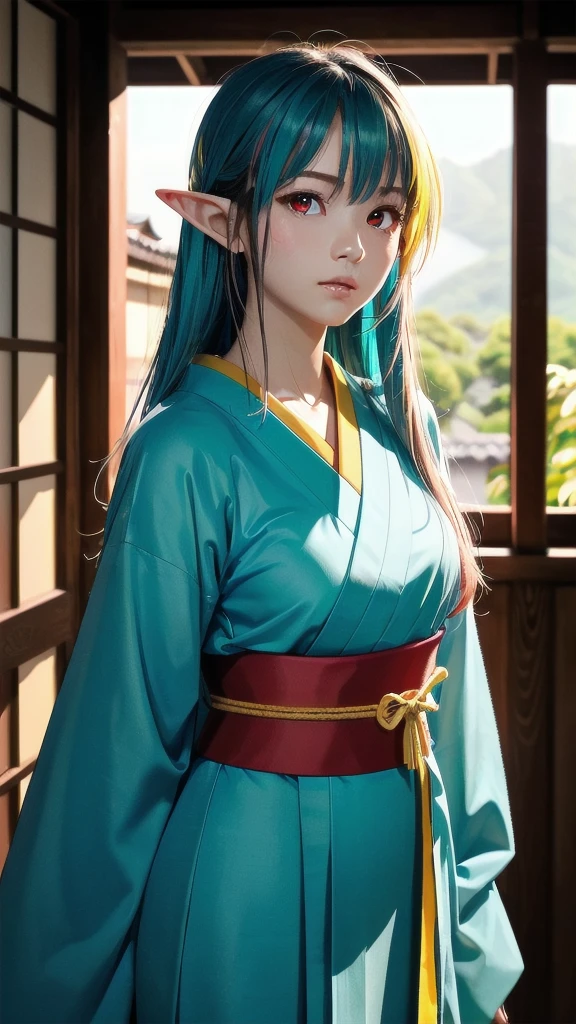 RAW, Realism, hyperrealism, ray tracing, high details, super detail, UHD, 8k, professional photograph, movie photograph, medium shot, Female elf, twenty years old, night, athletic body, soft facial features, long hair, straight hair, (((pacific cyan hair))), (((red eyes faded to yellow))), japanese female uniform, traditional japanese village