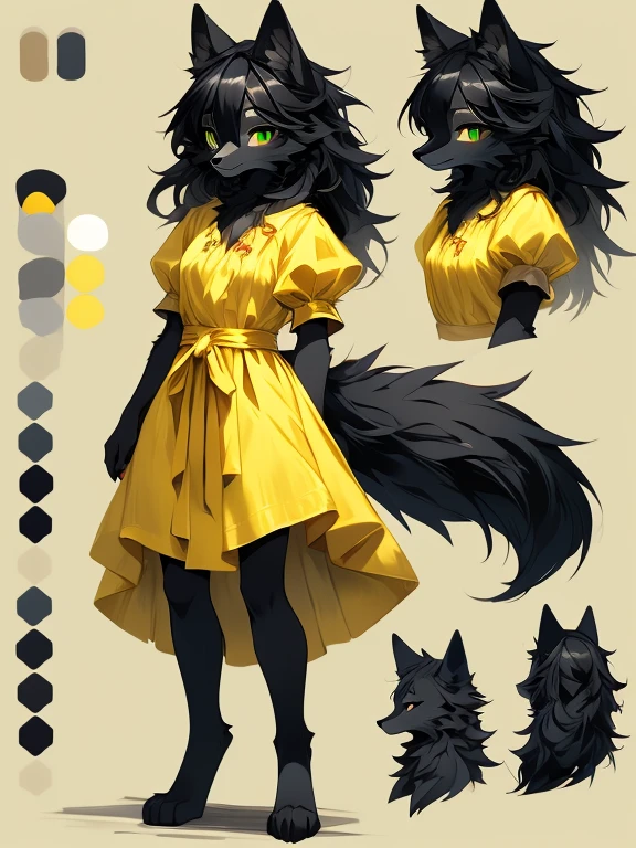 ( Absurdly , High quality , ultra detailed ) ,( hand detailed ) , 1girl, solo, young (concept art, character sheet) (wolf fox) (10-year-old (female black wolf), (bright green eyes), ((black fur, extremely long black hair))) ((wolf girl yellow dress)) Fluffy anthropomorphic wolf fox, Fluffy wolf, wolf tail, Body fur, (detailed eyes) black wolf, yellow cute dress with ribbon, pure black fur, yellow dress, blue ribbon, short nose, short snout, cute face (concept art, character sheet) young girl kemono, knee length hair, adorable, cute shy posture, looking at viewer
