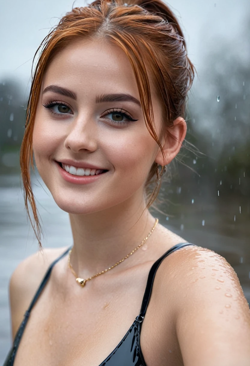 hyperrealistic beautiful busty 18-year-old women wearing vinyl onepiece swimsuit, model shooting full body photography, soaky wet skin, view from behind, natural redhead short straight ponytail, dark eye makeup with eyeliner, seductive smile, small necklace, 8K, Best quality, Meisterwerk, ultra high resolution, (Realismus: 1.4), Originalfoto, (realistische Hautstruktur: 1.3), (Filmkorn: 1.3), (Selfie-Winkel), 1 girl, Beautiful round hazel eyes and facial details, Meisterwerk, Best quality, posing outside in the rain
