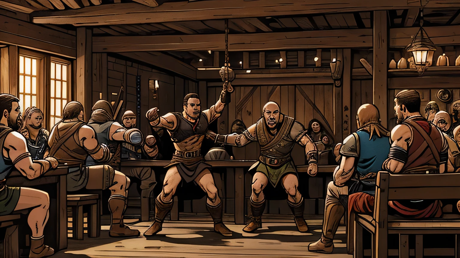 Inside the bustling Dorf Tavern, a special space catches the attention of all the adventurers and warriors gathered there: the Ring of the Brave. This ring is a solid wooden circle in the center of the tavern, surrounded by benches where spectators gather to watch the epic clashes taking place there.
Scenario:
In the Ring of the Brave, two warriors are in the midst of an impressive duel, their quick and precise movements capturing the attention of everyone around them. The sound of their weapons clashing echoes off the walls of the tavern, as the crowd cheers with each swing and dodge.