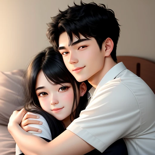 Couple hug scene on bed.
20-year-old boy and 18-year-old girl, Detailed face, Detailed eyes, double eyelid, cute, sunny, warm, smile, Handsome-cool-warm-boy with black hair and hot-seductive-sexy-cute-beautiful-girl with black hair and blushing face. Intimate vibes.
