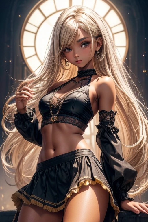 8K UHD, Digital SLR, Soft lighting, High quality, ((best quality)) ((best quality)), ((masterpiece)), (detailed), 4k image, anime style, fair caramel brown skin, African looking facial features, sexy halter neck crop shirt, long frilly skirt, full hold-up leggings worn over her legs, fair caramel brown skin, white-blonde hair, sharp facial features, small elegant nose, full thick lips, thin and slender body type, small narrow waist line, small curvy hips, long flowing pixie cut hair, European gothic style clothing, low-top boots, no skin showing