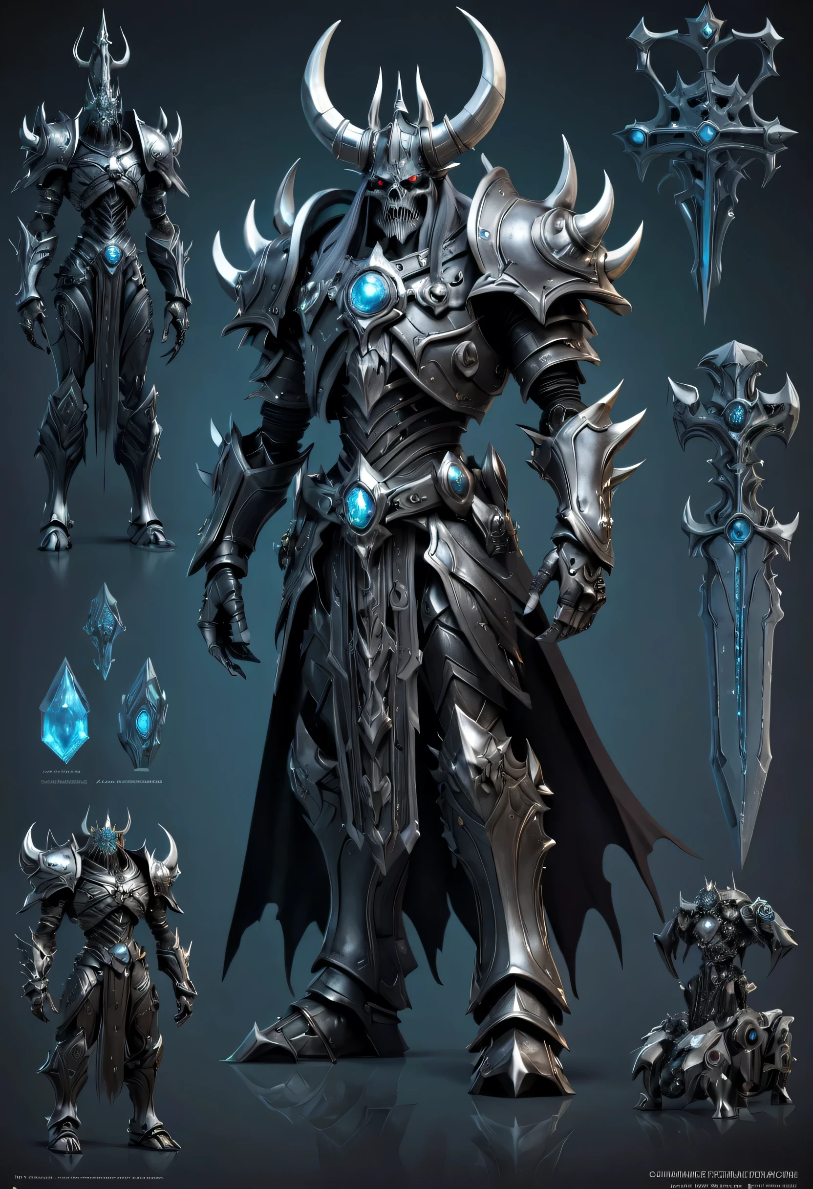 (Character Design Sheet:1.5),Campo de batalla demoniaco,Mechanical Lich King,the lich king's armas futuras,estructura mecanica,high tech equipment,criaturas magicas,vista de tres lados, cifra, tabla de referencia, gothic art, Ultra High Definition, retina, obra maestra, 1080P, 16k, premiado