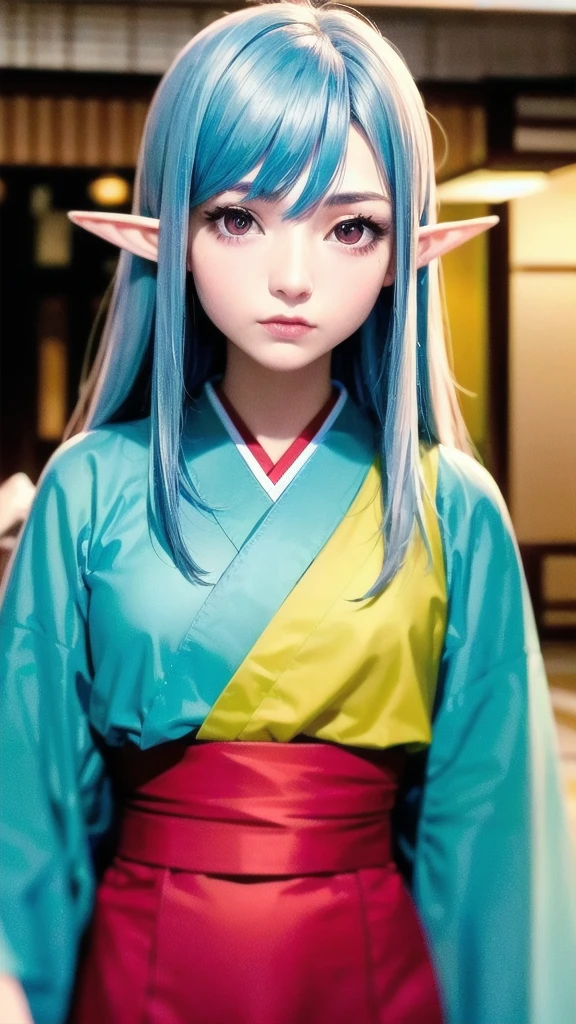 RAW, Realism, hyperrealism, ray tracing, high details, super detail, UHD, 8k, professional photograph, movie photograph, medium shot, Female elf, twenty years old, night, athletic body, soft facial features, long hair, straight hair, (((pacific cyan hair))), (((red eyes faded to yellow))), japanese female uniform, traditional japanese village