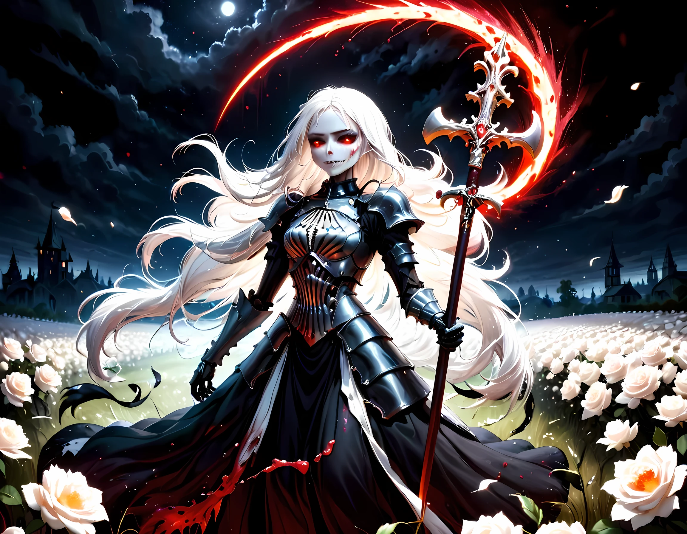 dark fantasy art, a female skeletal grim reaper in a field of white roses, the reaper has (skeletal head: 1.3) , long (white: 1.2) hair , red glowing eyes, she wears black robes, and black armor dress, ArmoredDress, flowing robes, she holds a scythe, in her arms, the scythe is dripping blood, a field of white roses background (best details, Masterpiece, best quality: 1.4), dynamic range, ultra wide shot, photorealism, depth of field, hyper realistic, RagingNebula