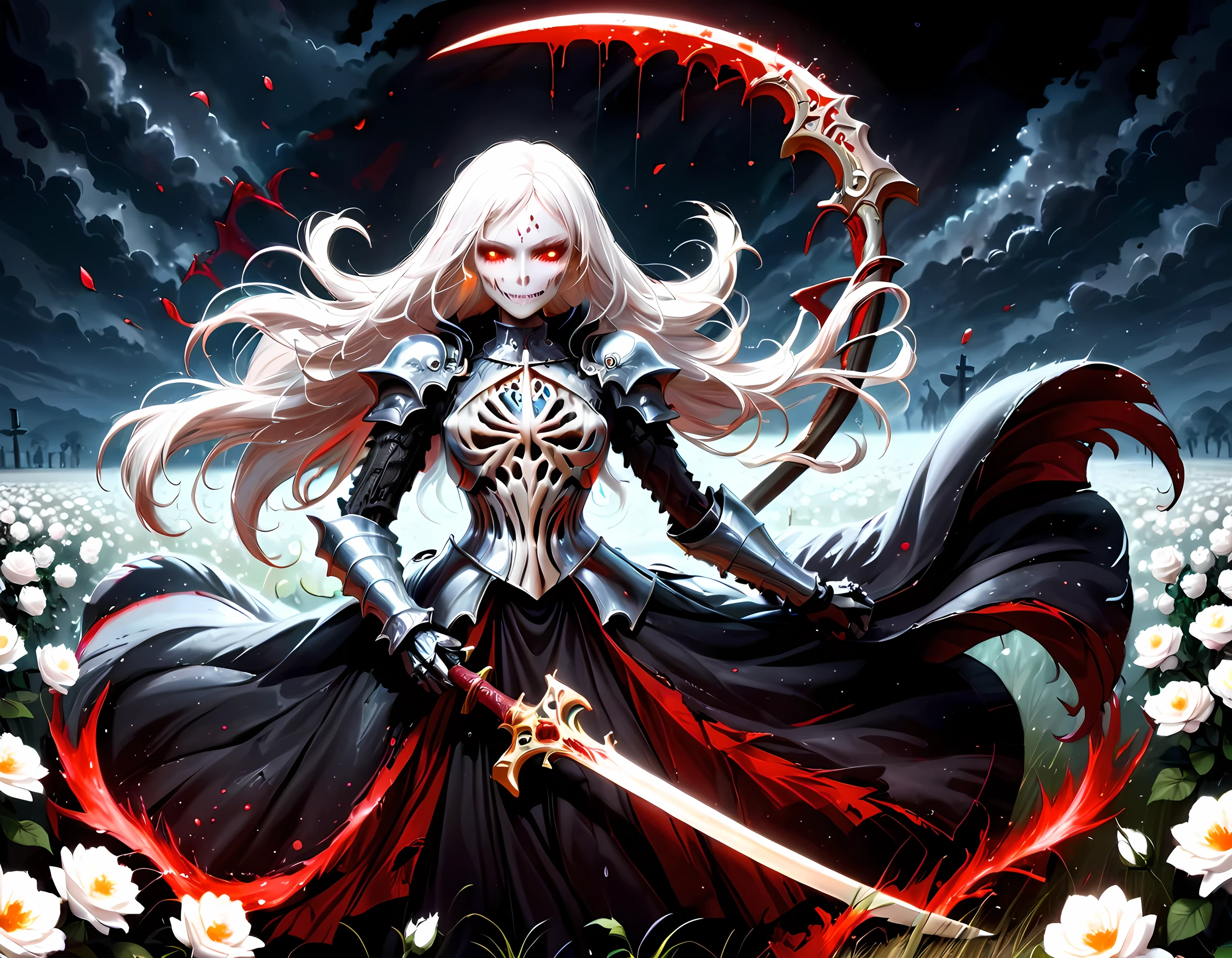 dark fantasy art, a female skeletal grim reaper in a field of white roses, the reaper has (skeletal head: 1.3) , long (white: 1.2) hair , red glowing eyes, she wears black robes, and black armor dress, ArmoredDress, flowing robes, she holds a scythe, in her arms, the scythe is dripping blood, a field of white roses background (best details, Masterpiece, best quality: 1.4), dynamic range, ultra wide shot, photorealism, depth of field, hyper realistic, RagingNebula