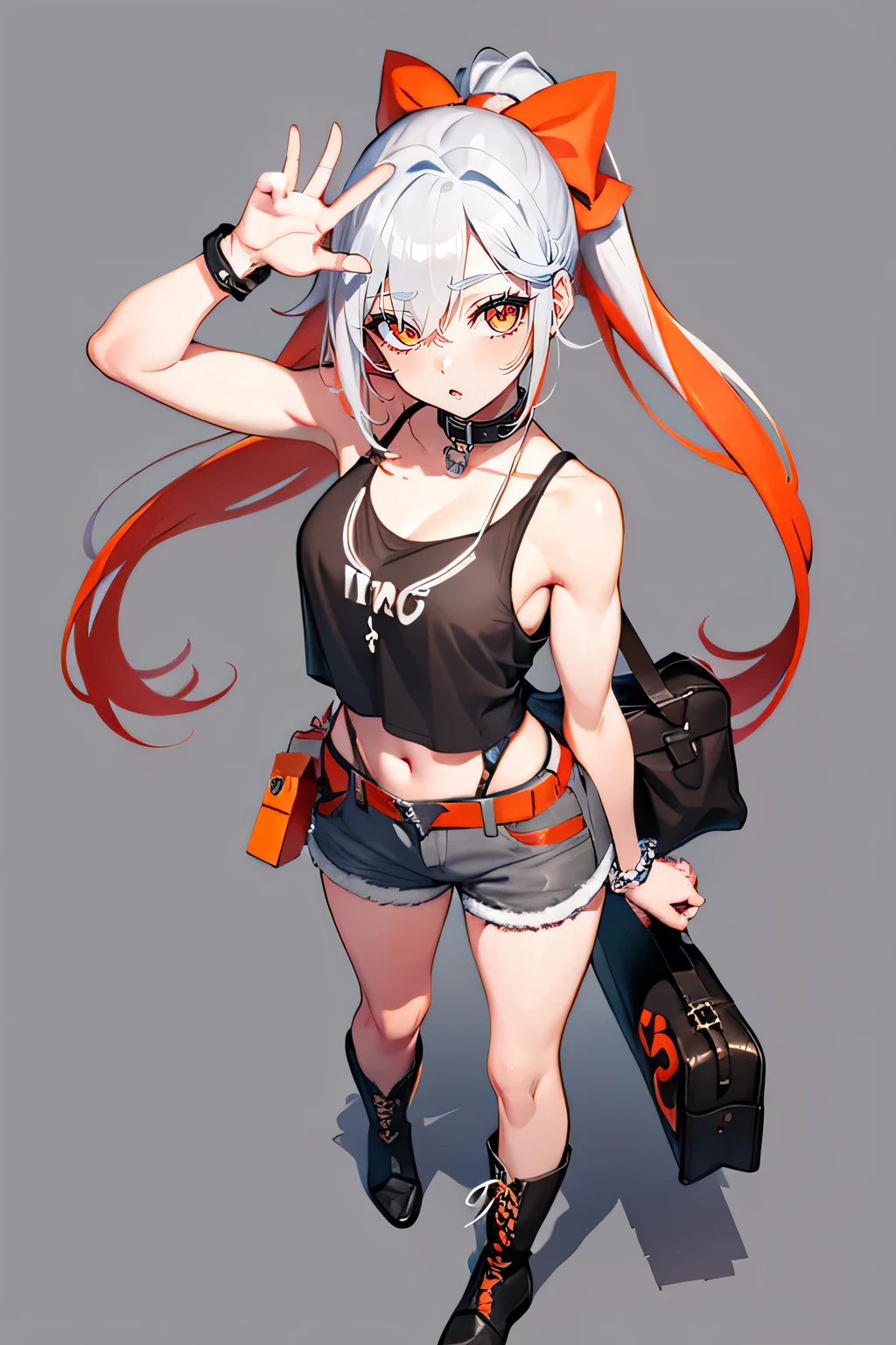 1 girl, solo, snow white hair with red tips, orange eyes, long hair, intricate glowing blue hairpin, fishnet street crop_top, short trousers grinning, smiling, winking, one_eye_closed, standing, posing, graffiti wall in background