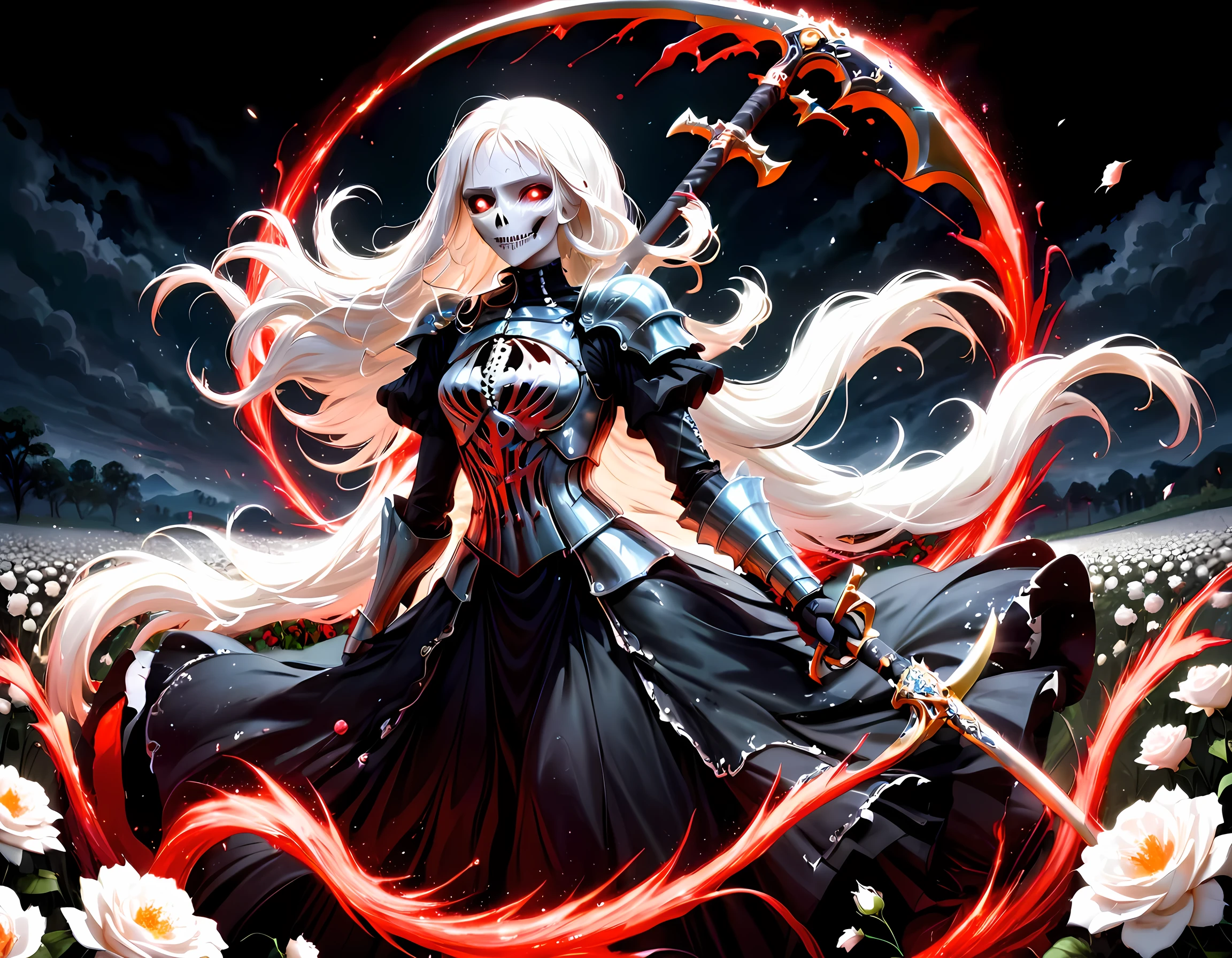 dark fantasy art, a female skeletal grim reaper in a field of white roses, the reaper has (skeletal head: 1.3) , long (white: 1.2) hair , red glowing eyes, she wears black robes, and black armor dress, ArmoredDress, flowing robes, she holds a scythe, in her arms, the scythe is dripping blood, a field of white roses background (best details, Masterpiece, best quality: 1.4), dynamic range, ultra wide shot, photorealism, depth of field, hyper realistic, RagingNebula