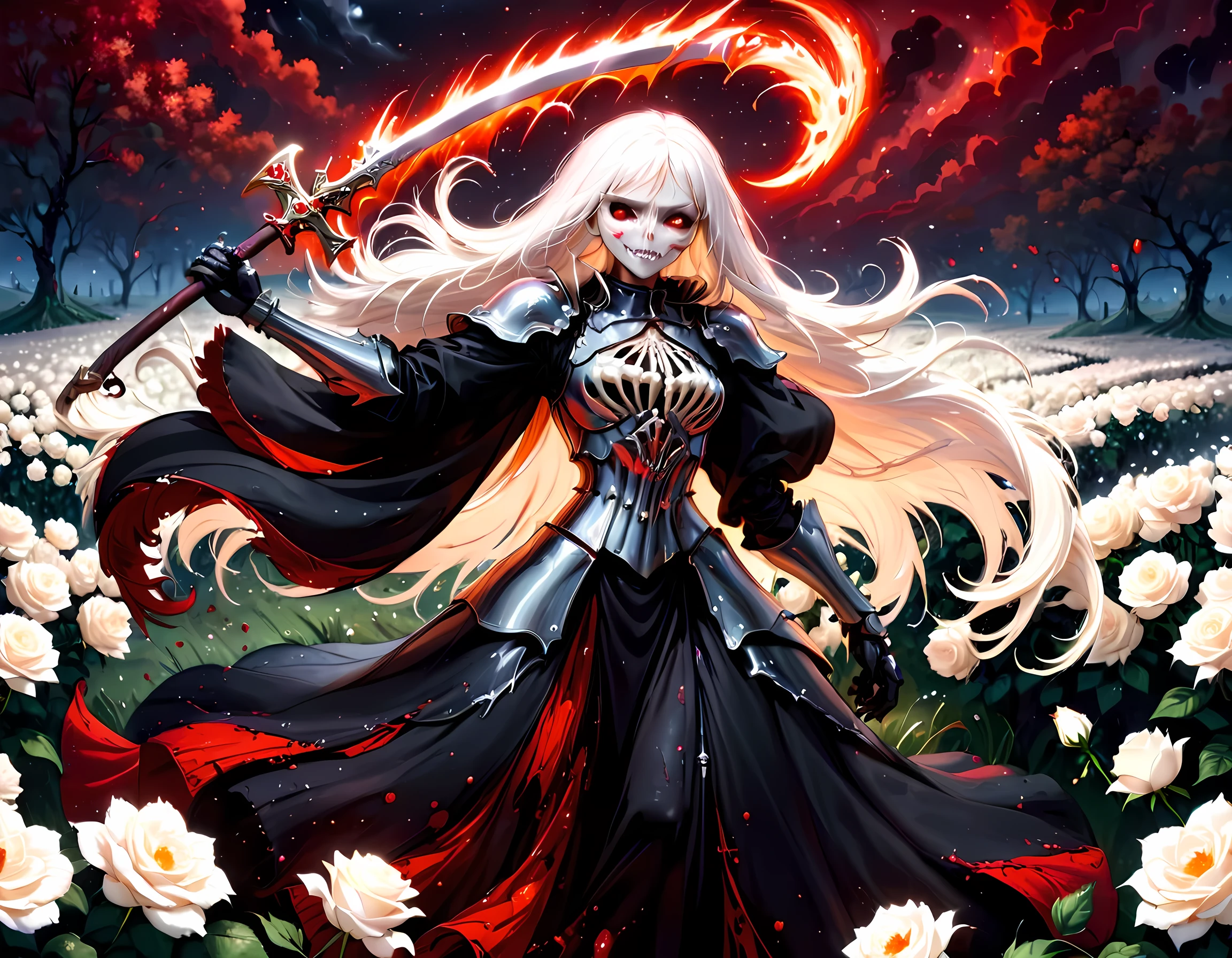 dark fantasy art, a female skeletal grim reaper in a field of white roses, the reaper has (skeletal head: 1.3) , long (white: 1.2) hair , red glowing eyes, she wears black robes, and black armor dress, ArmoredDress, flowing robes, she holds a scythe, in her arms, the scythe is dripping blood, a field of white roses background (best details, Masterpiece, best quality: 1.4), dynamic range, ultra wide shot, photorealism, depth of field, hyper realistic, RagingNebula