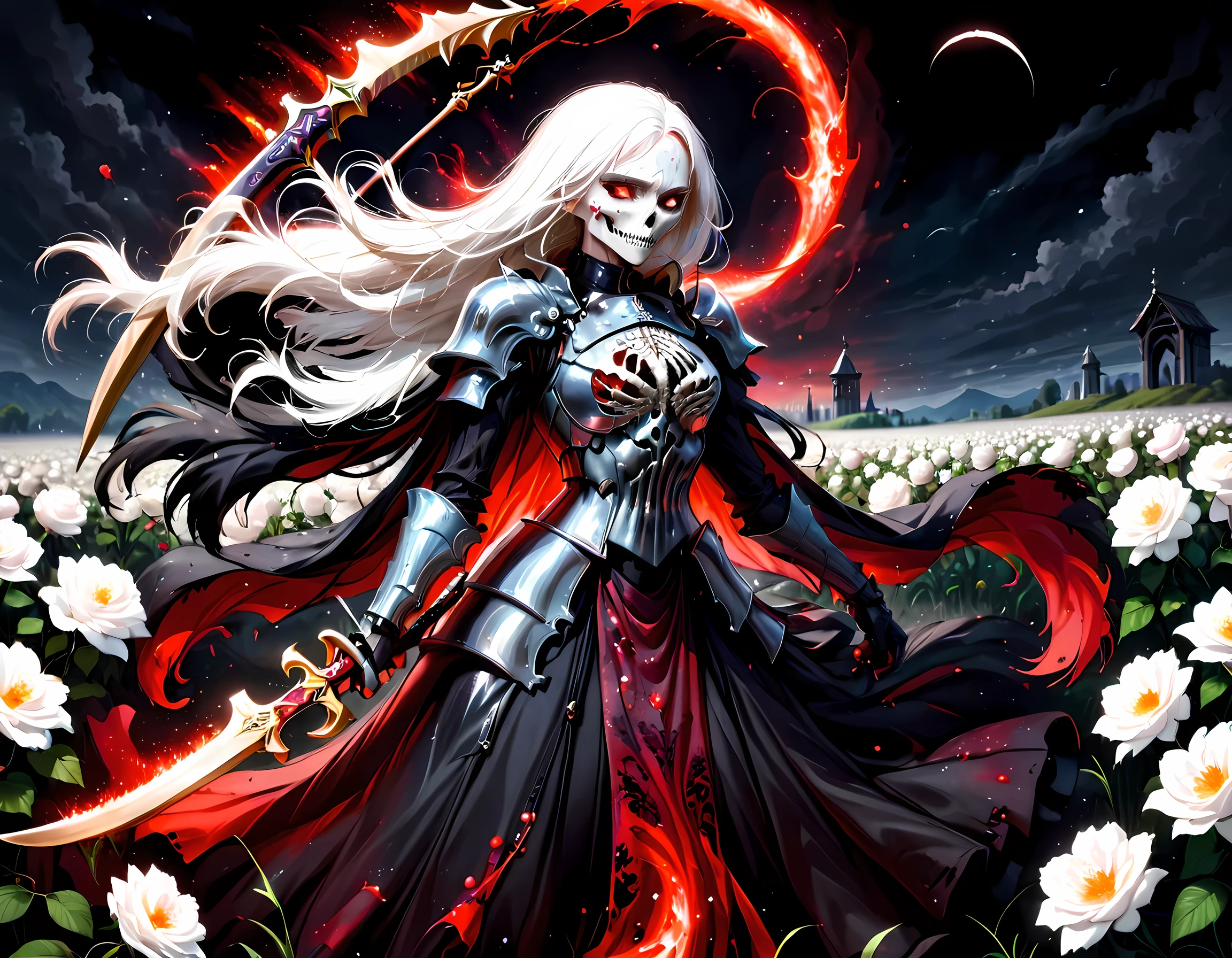 dark fantasy art, a female skeletal grim reaper in a field of white roses, the reaper has (skeletal head: 1.3) , long (white: 1.2) hair , red glowing eyes, she wears black robes, and black armor dress, ArmoredDress, flowing robes, she holds a scythe, in her arms, the scythe is dripping blood, a field of white roses background (best details, Masterpiece, best quality: 1.4), dynamic range, ultra wide shot, photorealism, depth of field, hyper realistic, RagingNebula