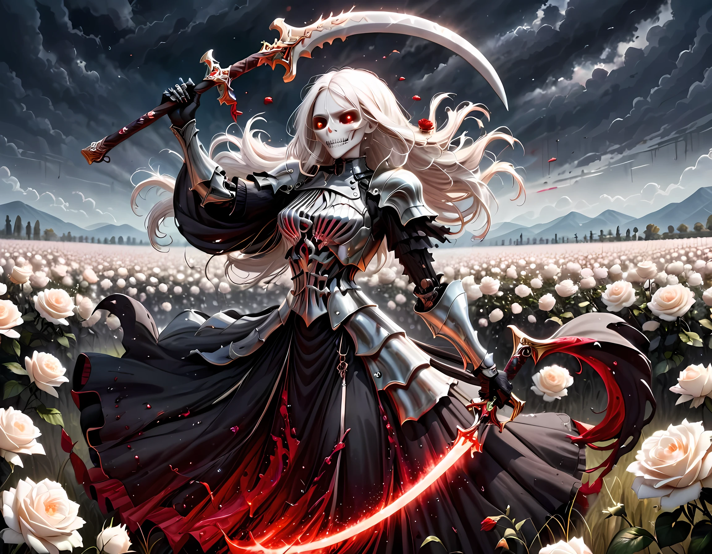 dark fantasy art, a female skeletal grim reaper in a field of white roses, the reaper has (skeletal head: 1.3) , long (white: 1.2) hair , red glowing eyes, she wears black robes, and black armor dress, ArmoredDress, flowing robes, she holds a scythe, in her arms, the scythe is dripping blood, a field of white roses background (best details, Masterpiece, best quality: 1.4), dynamic range, ultra wide shot, photorealism, depth of field, hyper realistic, RagingNebula