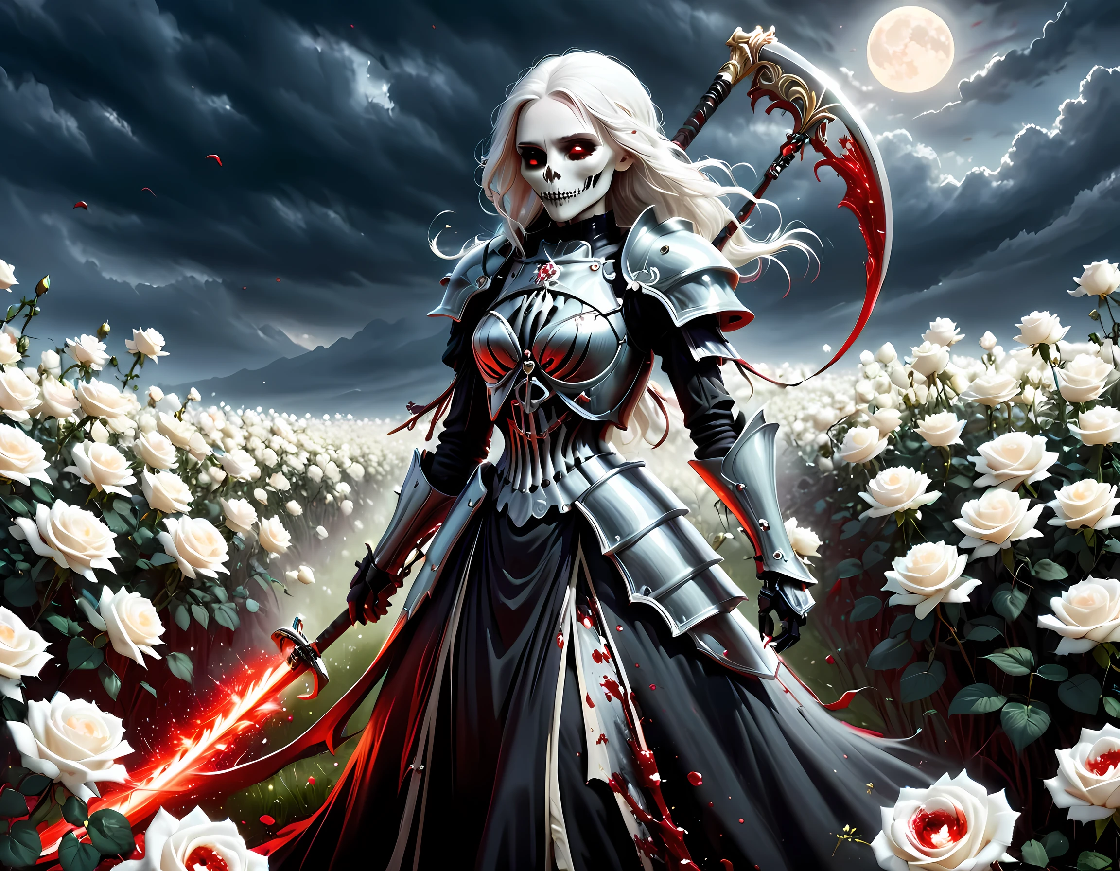 modisn disney, dark fantasy art, a female skeletal grim reaper in a field of white roses, the reaper has (skeletal head: 1.3) , long (white: 1.2) hair , red glowing eyes, she wears black robes, and black armor dress, ArmoredDress, flowing robes, she holds a scythe, in her arms, the scythe is dripping blood, a field of (white roses 1.4) background, dynamic range, ultra wide shot, photorealism, depth of field, hyper realistic, RagingNebula