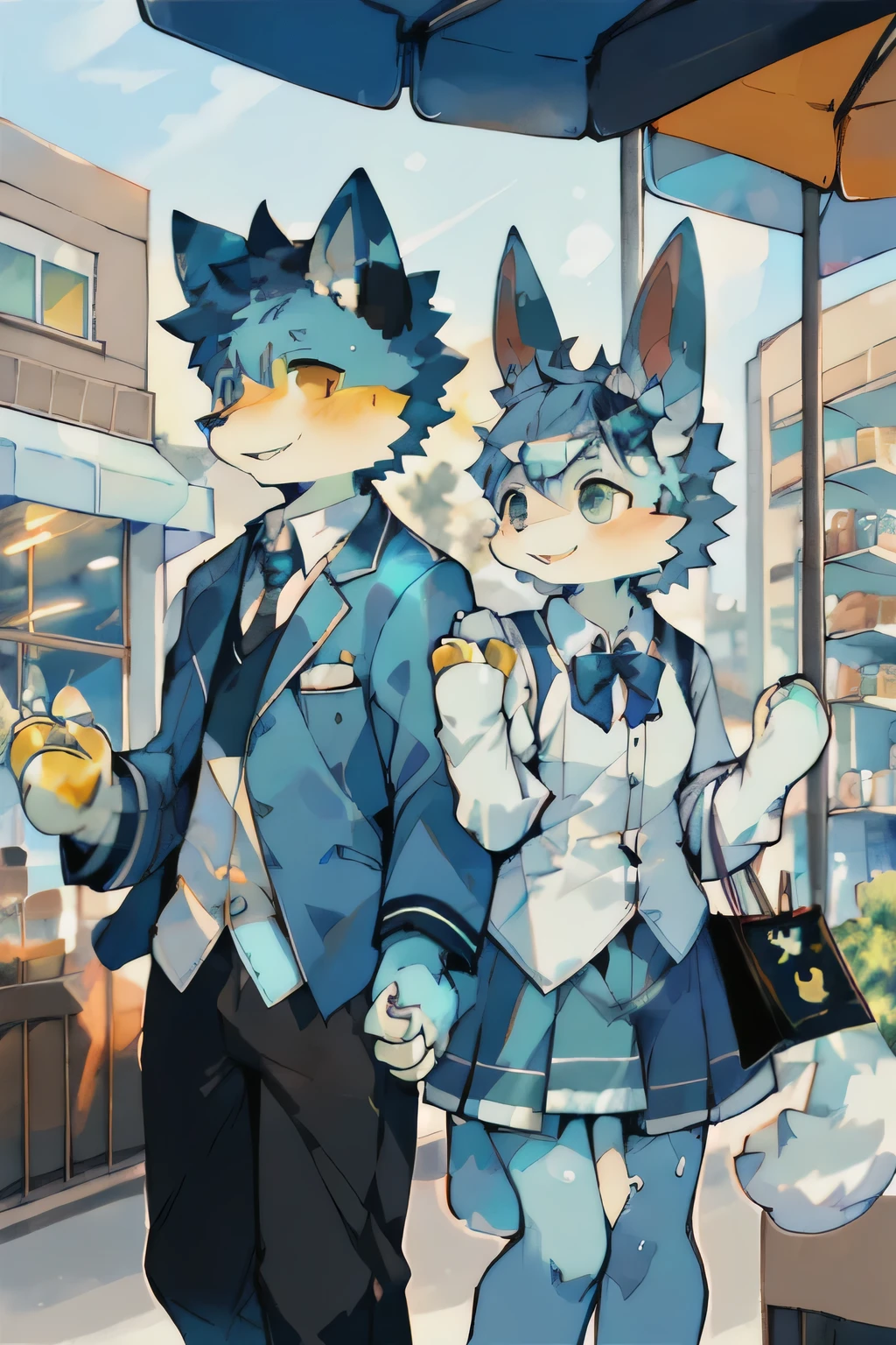 Blue fur rabbit girl and boy couple uniform、Holding hands together, shopping outside, relaxing at a cafe、lemon juice、cake
