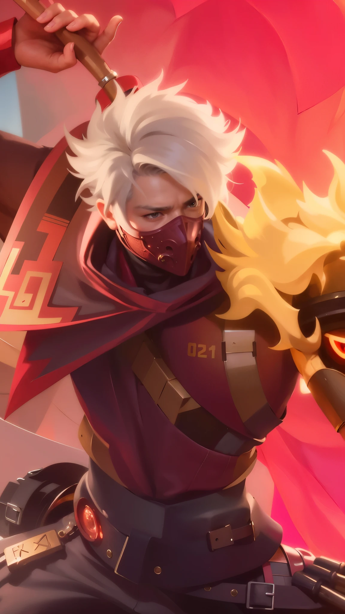 a close up of a guy with a steampunk mask on, Best quality, masterpiece, detailed skin texture, detailed clothes texture, detailed face, super detail, 8k, intricate detail, 1 boy, The color doesn't change, Muscle guy, 1 guy, strong red eye glow.