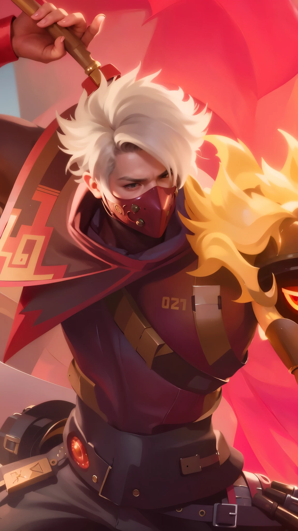 a close up of a guy with a steampunk mask on, Best quality, masterpiece, detailed skin texture, detailed clothes texture, detailed face, super detail, 8k, intricate detail, 1 boy, The color doesn't change, Muscle guy, 1 guy, strong red eye glow.