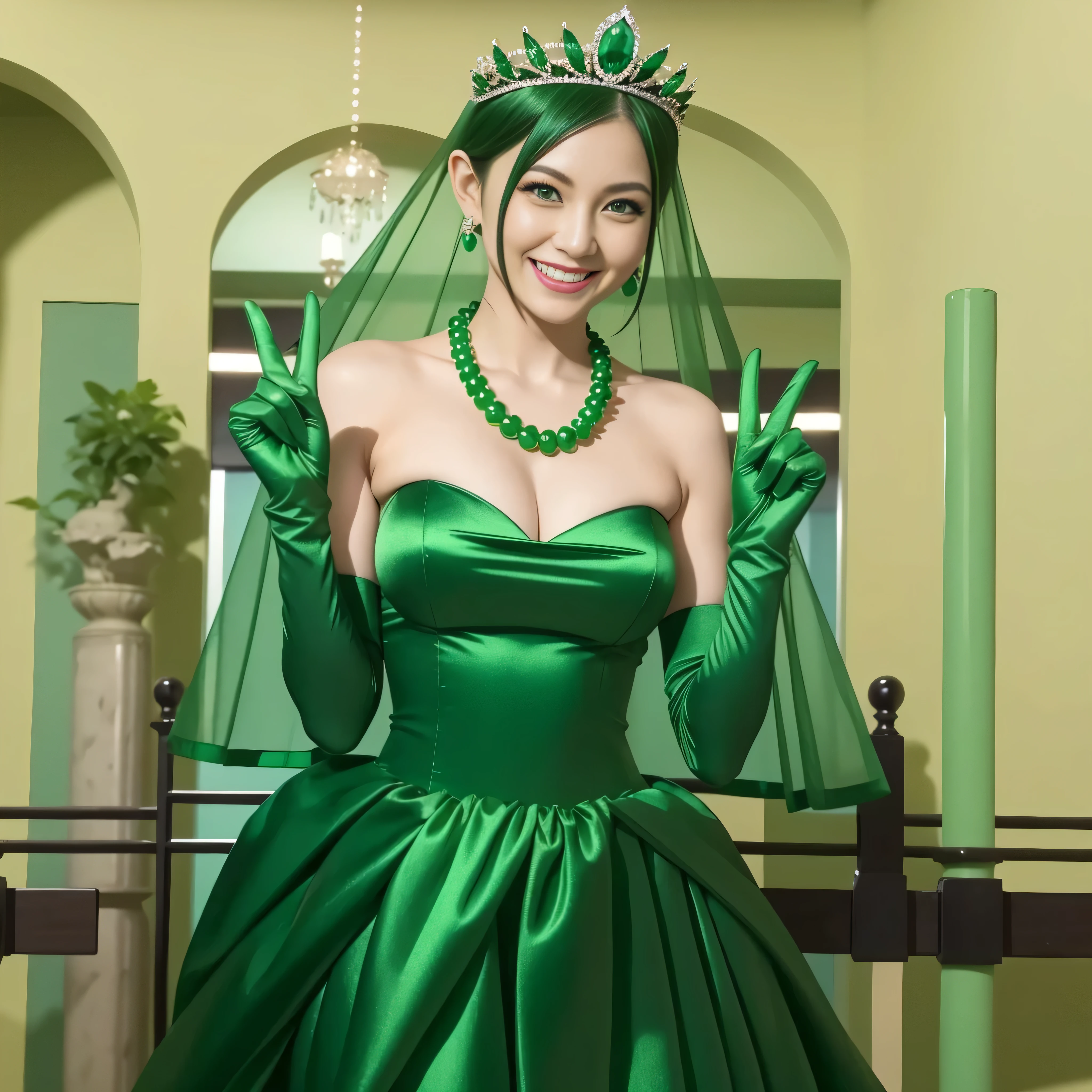 Emerald tiara, Green Pearl Necklace, Boyish very short green hair, lipstick, Smiling Japanese woman, Very short hair, Big tits beautiful, Green Eyes, Long green satin gloves, Green Eyes, V sign, Emerald Earrings, Green Veil