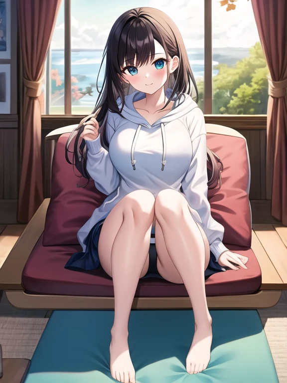 (masterpiece, highest quality:1.2), 1 girl, alone,hoodie、sitting on a blue cushion