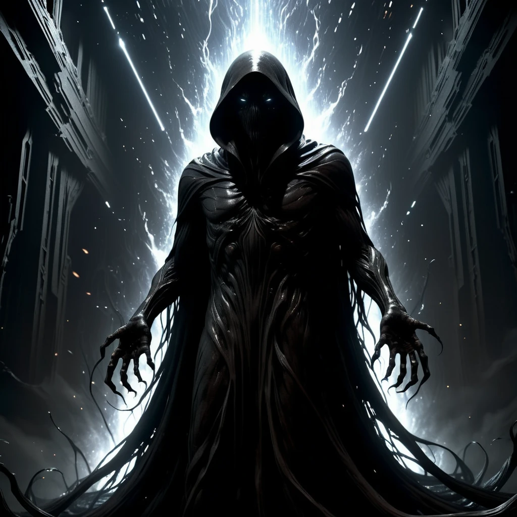 (best quality,4k,highres,masterpiece:1.2),ultra-detailed,(realistic:1.37),dark entity,born from the edges of the universe,darkness and despair. This entity, thriving on fear and hopelessness, grows in power as it spreads its shadows.
