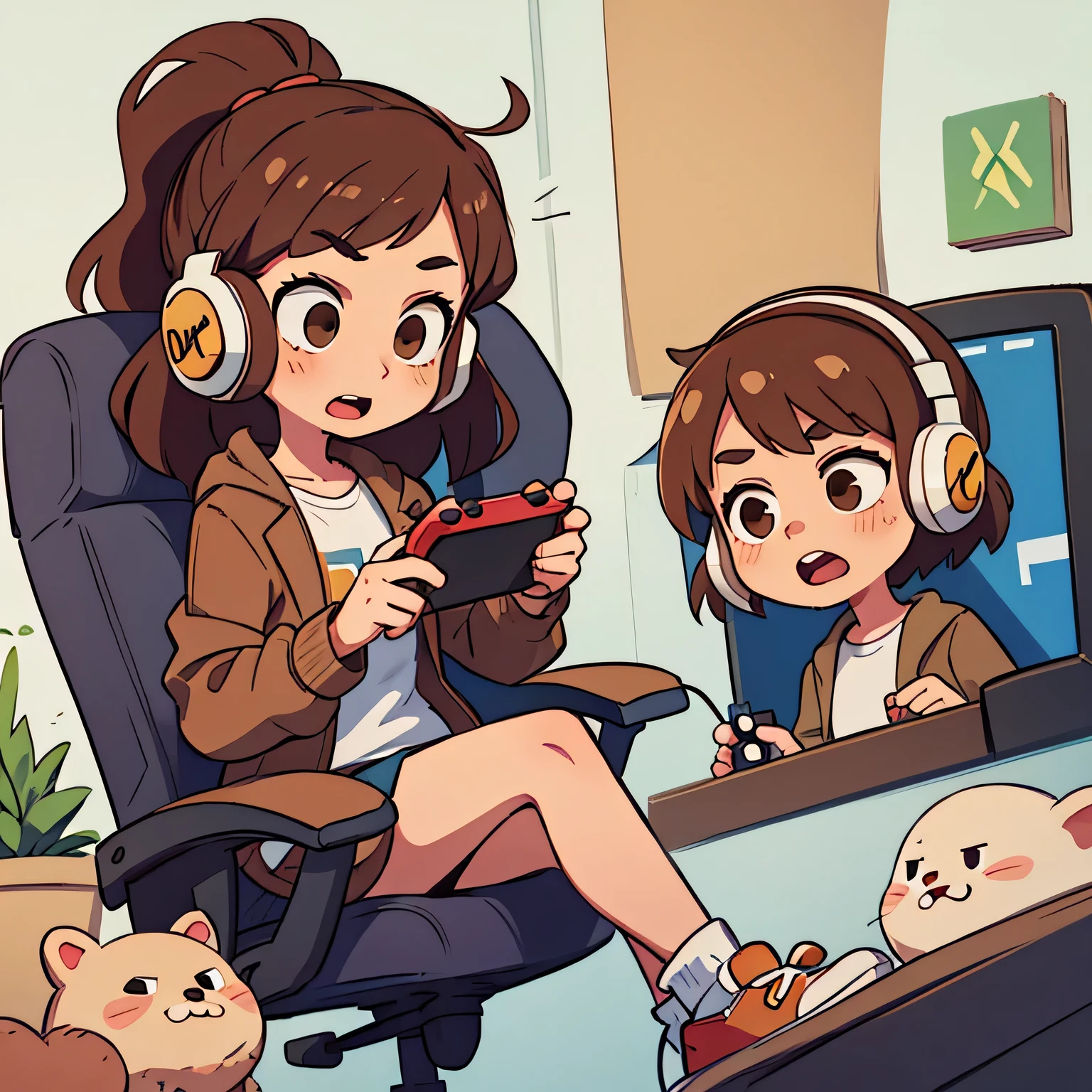 cartoon girl in brown jacket and white shirt, slightly confused face, slightly open mouth, brown eyes,Long brown hair, holding a joystick, player with headphones, sitting in a gaming chair