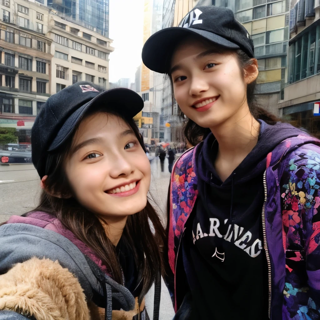 Identical twin sisters wearing hats。The Bund in Shanghai is in the background。gathered in the middle。The girl on the left is、He is wearing a black hat and a black down jacket over a red hoodie.。, And with your left hand you are holding the piece close to your face.。The girl on the right is wearing a light brown hat., A black down jacket over an orange sweatshirt, And in his right hand he holds the piece.