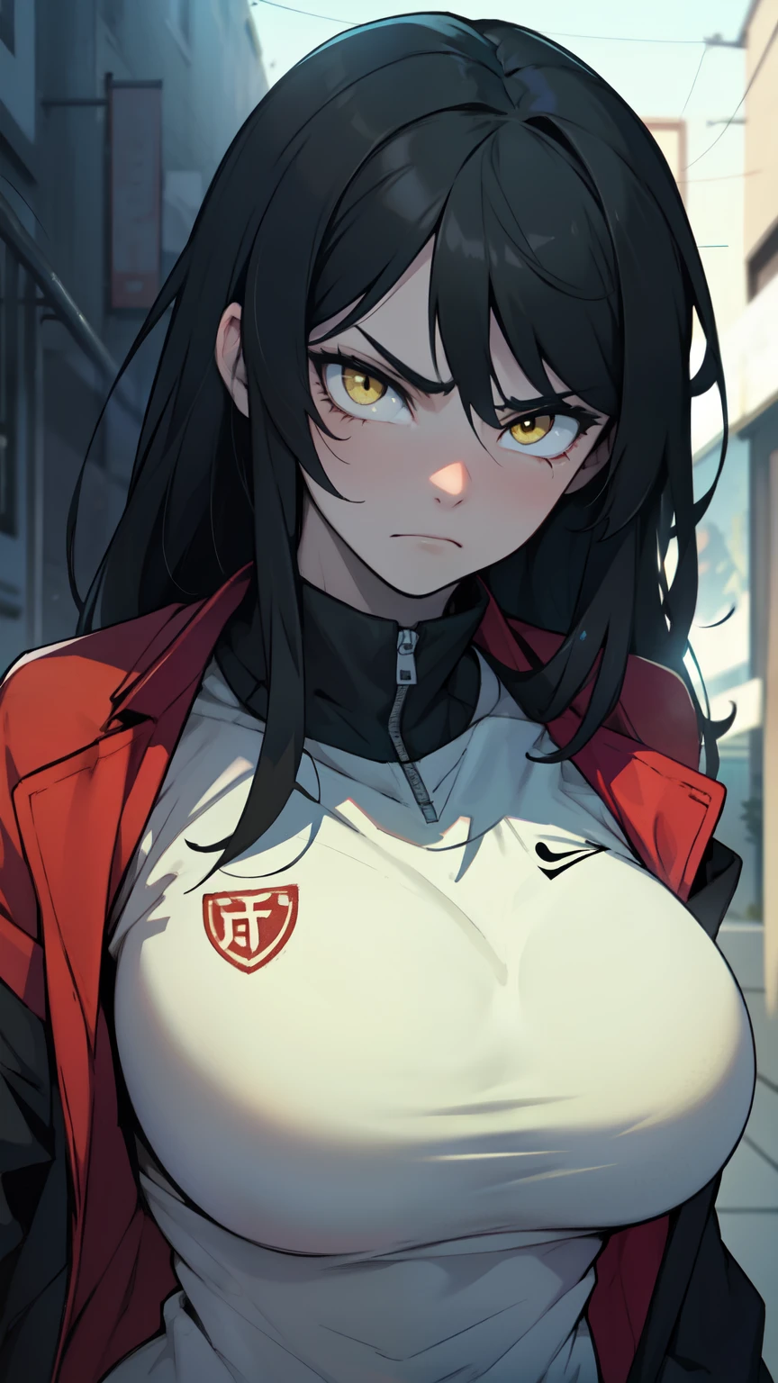 athletic build massive breasts pale skin black hair yellow eyes sad frown long hair