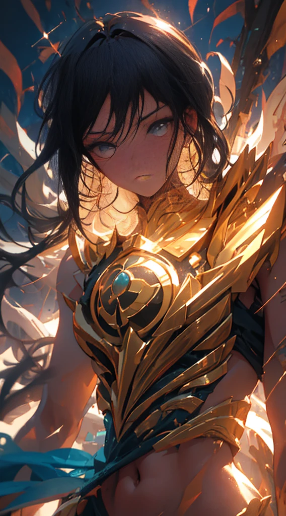 Ultra-high saturation，（tmasterpiece）， fully body photo，（best qualtiy）， （1girll）， starryskybackground，Wearing shiny gold armor， cool-pose， Saint Seiya Armor， messy hair，high detal, Anime style, Cinematic lighting, Sparkle, god light, Ray traching, filmgrain, hyper HD, textureskin, super detailing, Anatomical correct, A high resolution，Ultra-high saturation，hight contrast，High-gloss armor，Smooth skin，Serious expressions,Dark room,