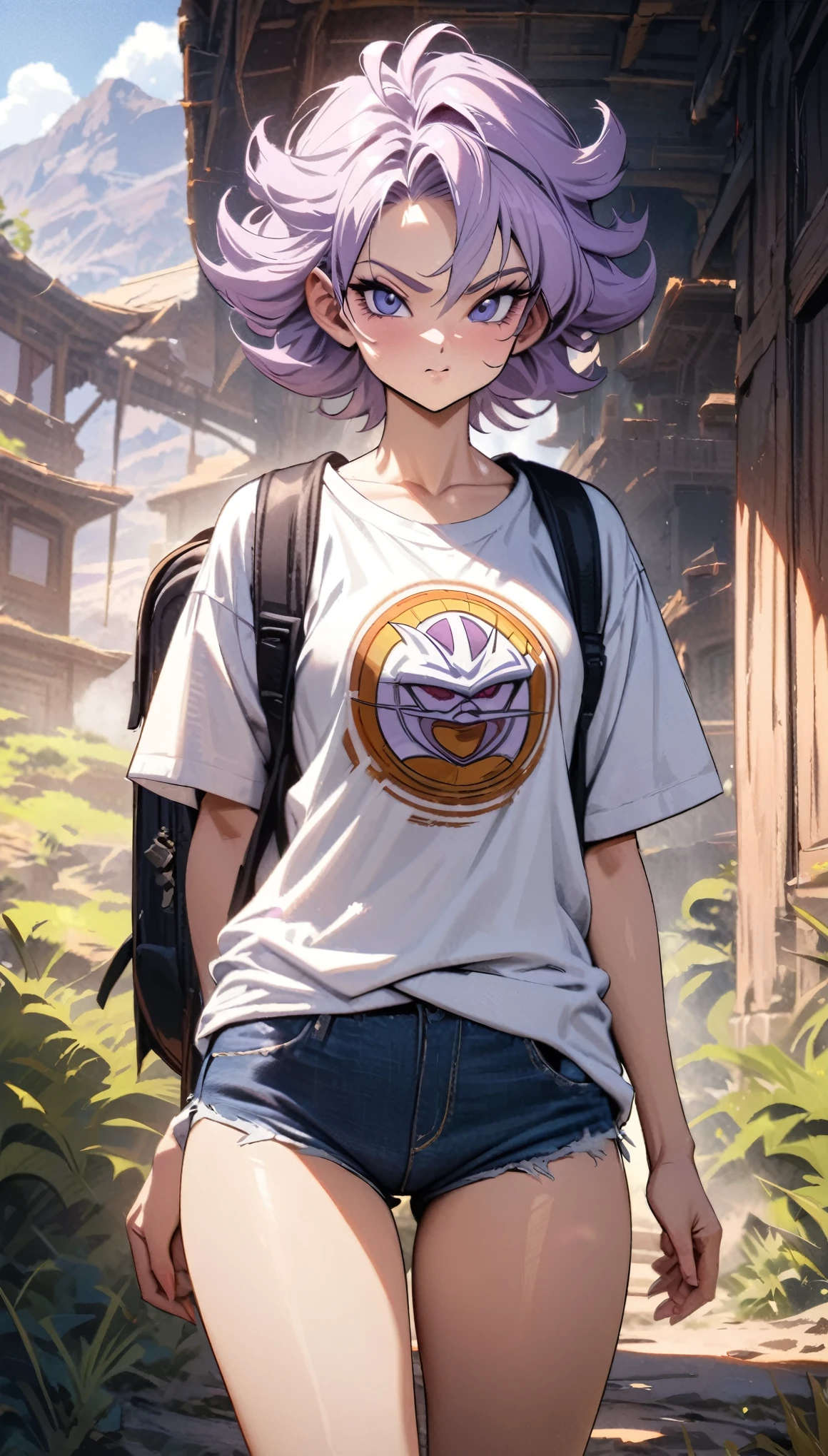 Masterpiece, highest quality, ultra detailed, art inspired by dragon ball, european girl, pretty face, light purple hair, short hair, bushy hair, baggy white shirt, backpack, short shorts, skinny body