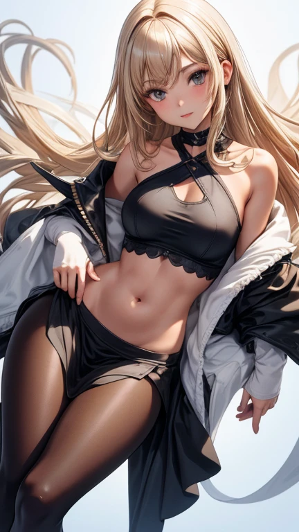 8K UHD, Digital SLR, Soft lighting, High quality, ((best quality)) ((best quality)), ((masterpiece)), (detailed), 4k image, anime style, full leggings under skirt, fair caramel brown skin, African looking facial features, sexy white halter neck crop shirt, long white frilly skirt, fair caramel brown skin, white-blonde hair, sharp facial features, small elegant nose, full thick lips, thin and slender body type, small narrow waist line, small curvy hips, long flowing pixie cut hair, European gothic style clothing, low-top boots, no skin showing