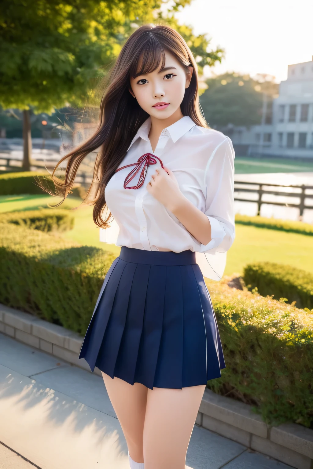 (Raw photo、masterpiece、highest quality、High Resolution)、Cute Japanese、walk、Embarrassed、Shyness、18-year-old、One Woman、Attractive body、Huge boobs:1.4、Long Wavy Hair、high school 、Thighs Thighs Thighs Thighs、White socks、Open shirt、Tight shirt、A see-through shirt、ribbon、serafuku、Very short skirt、School bag、loafers、paved、Cityscape、Fluttering skirt、Fluttering Hair、Wearing panties、gravure、(Perfect Anatomy、Beautiful body、Healthy Body,Beautiful Skin)、evening、sunset、Professional photos、