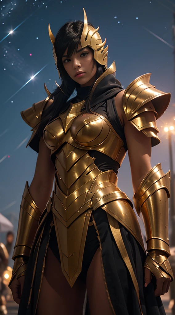 Ultra-high saturation，（tmasterpiece）， fully body photo，（best qualtiy）， （1girll）， starryskybackground，Wearing shiny gold armor， cool-pose， Saint Seiya Armor， messy hair，high detal, Anime style, Cinematic lighting, Sparkle, god light, Ray traching, filmgrain, hyper HD, textureskin, super detailing, Anatomical correct, A high resolution，Ultra-high saturation，hight contrast，High-gloss armor，Smooth skin，Serious expressions,Dark room,