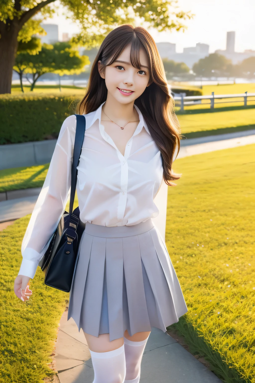 (Raw photo、masterpiece、highest quality、High Resolution)、Cute Japanese、walk、Embarrassed、Shyness、18-year-old、One Woman、Attractive body、Huge boobs:1.4、Long Wavy Hair、high school 、Thighs Thighs Thighs Thighs、White socks、Open shirt、Tight shirt、A see-through shirt、ribbon、serafuku、Very short skirt、School bag、loafers、paved、Cityscape、Fluttering skirt、Fluttering Hair、Wearing panties、gravure、(Perfect Anatomy、Beautiful body、Healthy Body,Beautiful Skin)、evening、sunset、Professional photos、