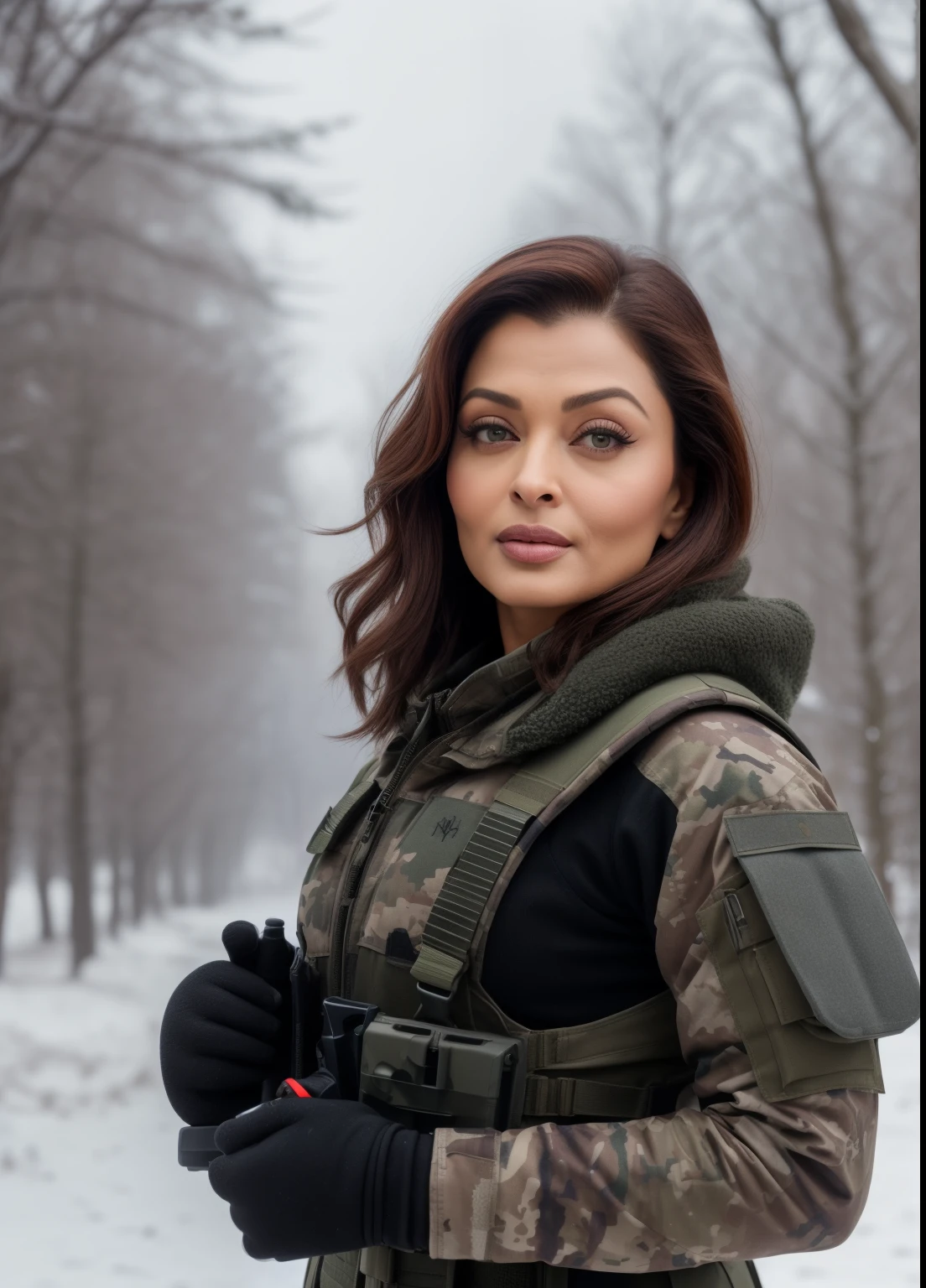 45yo MATURE MILF AISHWARYA RAI, (photorealistic), beautiful lighting, best quality, realistic, full body portrait, real picture, intricate details, depth of field, 45-years-old, in a cold snowstorm, a wings, A very muscular solider girl with haircut, wearing black military fatigues, camo plate carrier rig, combat gloves, (magazin pouches), (kneepads), highly-detailed, perfect face, hazel eyes, lips, wide hips, small waist, tall, make up, tacticool, Fujifilm XT3, outdoors, bright day, Beautiful lighting, RAW photo, 8k uhd, film grain, ((bokeh))