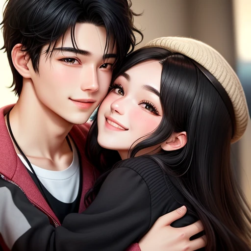  men and women, kiss, Happy expression on face, Hugging and staring at each other, Lovers
20-year-old boy and 18-year-old girl, Detailed face, Detailed eyes, double eyelid, cute, sunny, warm, smile, Handsome-cool-warm-boy with black hair and hot-seductive-sexy-cute-beautiful-girl with black hair and blushing face. Intimate vibes.