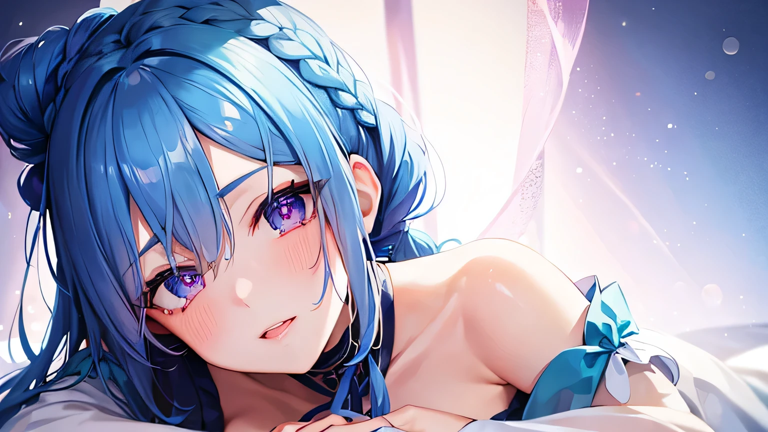 Blue hair, braided ponytail, magenta eyes, fair skin,1 girl,very detailed beautiful face and eyes,Ahegao,cute eyes,white dress,heart sign,looking up,high quality,