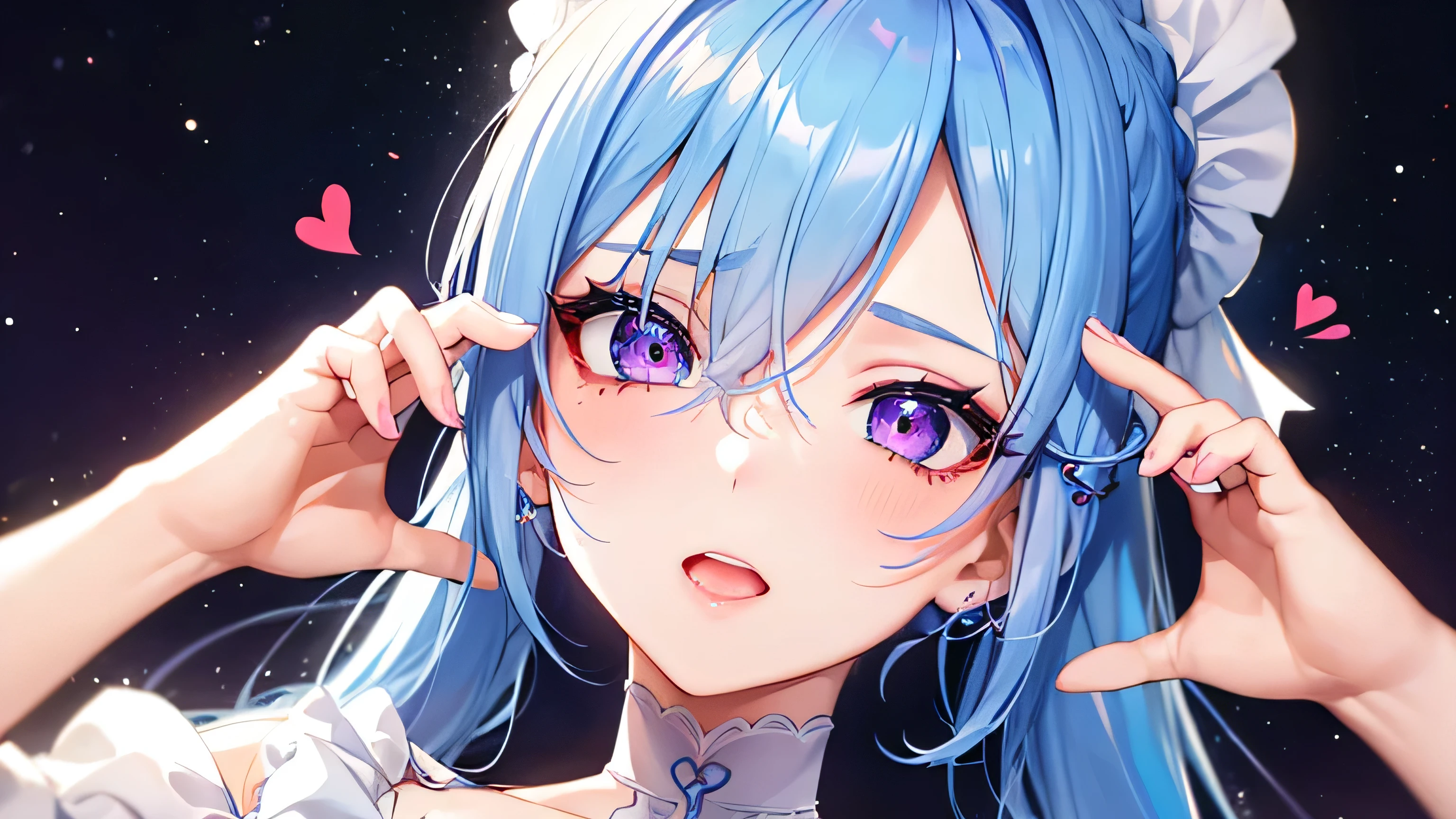 Blue hair, braided ponytail, magenta eyes, fair skin,1 girl,very detailed beautiful face and eyes,Ahegao,cute eyes,white dress,heart sign,looking up,high quality,