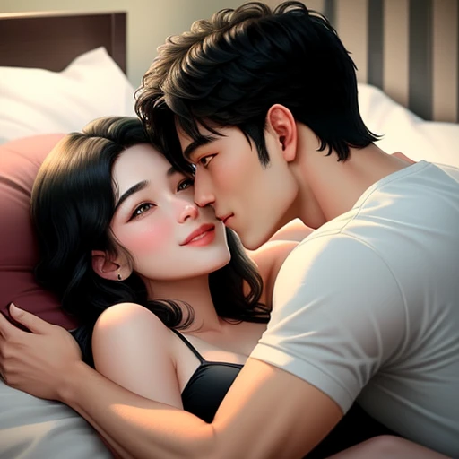 men and women, kiss scene on bed, sex, Happy expression on face, Hugging and staring at each other, Lovers
20-year-old boy and 18-year-old girl, Detailed face, Detailed eyes, double eyelid, cute, sunny, warm, smile, Handsome-cool-warm-boy with black hair and hot-seductive-sexy-cute-beautiful-girl with black hair and blushing face. Intimate vibes.